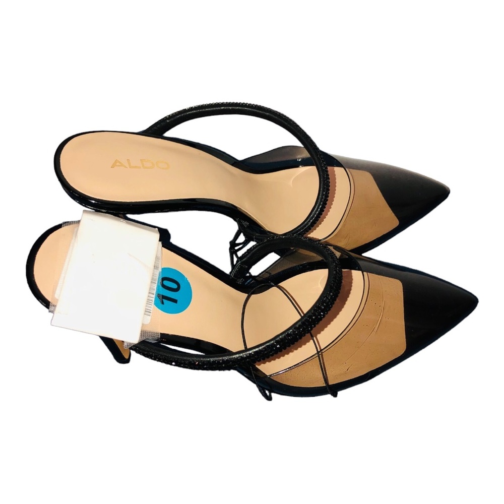 Aldo black clear vinyl acrylic crystal strap pointy toe stiletto mules size 10 - Picture 13 of 16